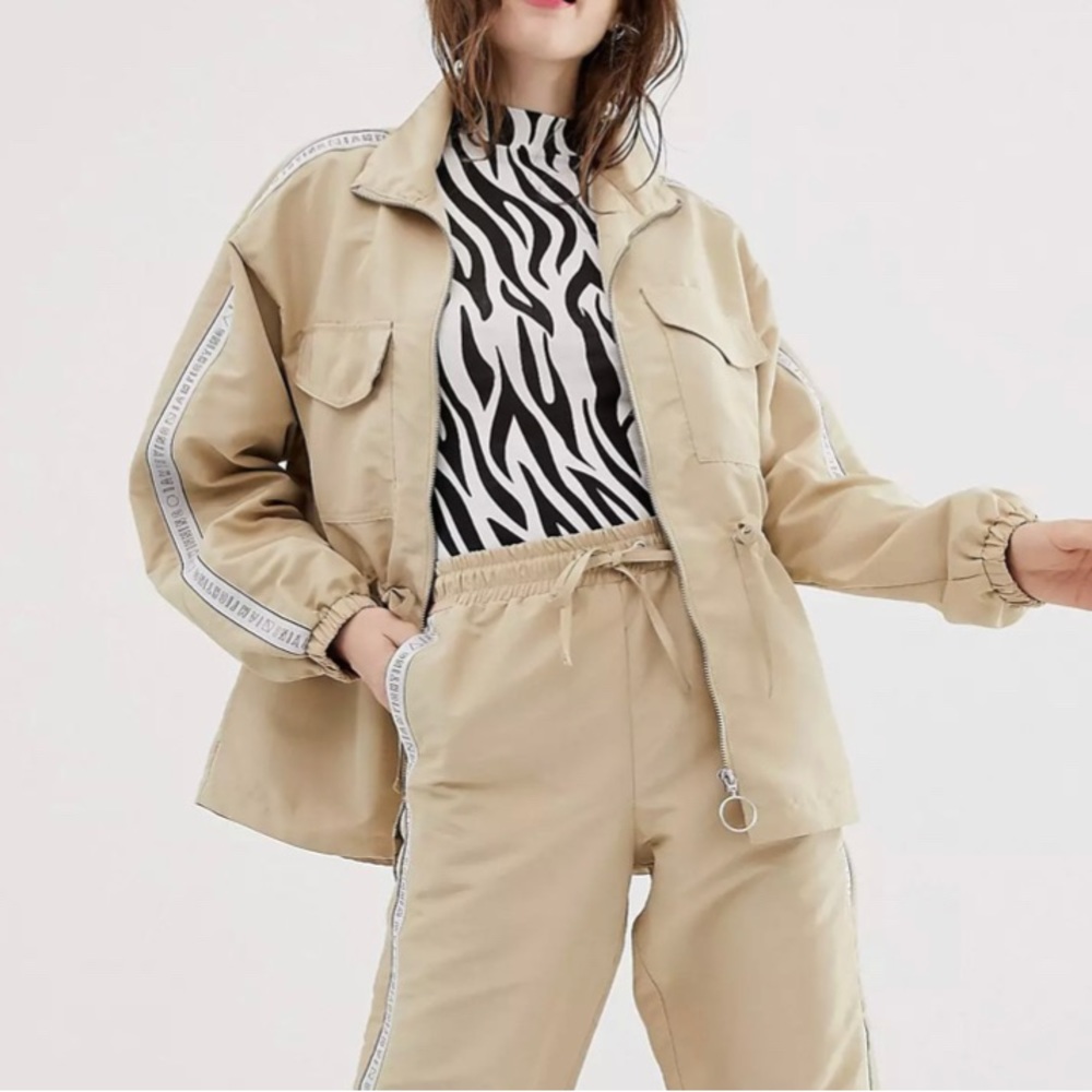 Monki Oversized boxy beige utility drawstring waist jacket medium